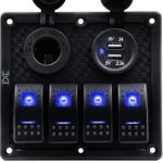 FXC Waterproof Marine Boat Rocker Switch Panel 4 Gang With Dual USB Slot Socket + Cigarette Lighter LED Light for Car Rv Vehicles Truck (4 Gang Blue Light)