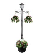7′ Tall Kenwick Solar Lamp Post and Planter with Plants Hanger, Amber and White LEDs, Brown, Outdoor Lighting