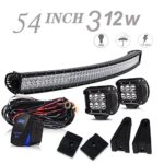 UNI FILTER DOT Approved 54 In 312W Curved LED Light Bar Offroad W/Rocker Switch Wiring Harness + 2PCS 4 In Pods Cube Driving Lights For Truck Ford Chevy Jeep Wrangler JK Chevrolet Silverado Pickup