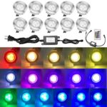 QACA 10pcs Low Voltage LED Deck Lights Kit Multi-Color RGB Stainless Steel Waterproof Outdoor Yard Garden Recessed Wood Decoration Lamps Landscape Pathway Patio Step Stairs LED in-Ground Lighting