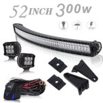 UNI FILTER DOT Approved 52″ Curved Roof Windshield Offroad LED Light Bar W/Rocker Switch Wiring Harness + 2PCS 4″ Pods Cube Driving Lights For Jeep Wrangler Dodge Ram Ford Truck Polaris RZR Boat