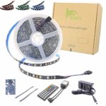 BIHRTC DC 12V LED Strip Lights SMD 5050 RGB 16.4Ft(5M) Waterproof IP65 Black PCB Board Lighting 60leds/m 44 Keys IR Remote Controller 3A UL Power Adapter for Xmas Party Bedroom Indoor Decoration