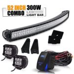52″ 300W Spot Flood Combo Offroad Curved Led Light Bar W/ 4In Pods Cube Led Fog Driving Lamp On Roof Top Front Bumper Grill Windshield For Jeep Wrangler Ford Truck Polaris RZR Boat Tacoma Dodge Ram