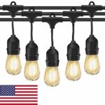 Outdoor String Lights LED Patio Edison Bulb String Lights, 49ft Heavy Duty Commercial Waterproof Dimmable Patio String Lights, 15 x E26 Sockets, 1.5W Vintage Bulbs(1 Spare) for Backyard Porch Garden