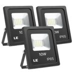 LE Outdoor LED Flood Lights, IP65 Waterproof, 100W Halogen Bulb Equivalent, 10W 800LM, 6000K Daylight White, 100° Beam Angle, Balck, for Home, Backyard, Patio, Garage and More, Pack of 3