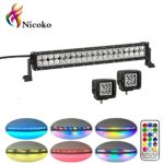 Nicoko 22inch 120w Led Work Light Bar with RGB halo ring strip color changing + 2 Pieces Led Pods cubes with RGB halo ring for Driving Fog Lamp Offroad Suv Atv Truck Boat Free wiring harness