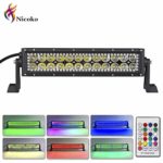 Nicoko 12″ 72w Spot Lights Off Road LED Light Bar with Chasing ColorMorph RGB Halo Strip with mounting Bracket 10 Solid Colors Over 72 Strobe Flashing Modes for Jeep Lights,1 Year Warranty