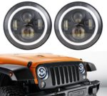 ANR Jeep 7” LED Black Headlight Set With White Halo Angel Eye Ring DRL & Amber Turn Signal Lights fits Jeep Wrangler JK LJ CJ Hummer REPLACES ANY 7″ HEADLIGHT