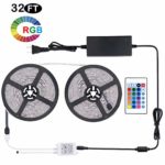 Led Light Strip Waterproof 32.8ft 10M SMD 5050 300leds, 24V DC Flexible Light Strips, LED Tape, RGB LED Strip Kit with 24key Remote Controller and Power Supply for Kitchen Bedroom Sitting Room Bar