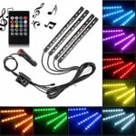 Car LED Strip Light by Releeder, 4pcs 48 LED DC 12V Multicolor Music Car Interior Light LED Under Dash Lighting Kit with Sound Active Function, Wireless Remote Control, Car Charger