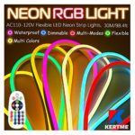 KERTME Neon Led Type AC 110-120V LED NEON Light Strip, Flexible/Waterproof/Dimmable/Multi-Colors/Multi-Modes LED Rope Light + 24 Keys Remote for Home/Garden/Building Decoration (98.4ft/30m, RGB)