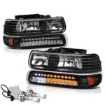 VIPMOTOZ For 1999-2002 Chevy Silverado 1500 2500 3500 Headlights – Built In Cree LED Low Beam, Matte Black Housing, LED Daytime Running Lamp Strips, Driver and Passenger Side