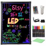 Slsy Illuminated LED Message Writing Board, 16″X12″ Erasable Neon Effect Menu Sign Board with 8 Fluorescent Makers Remote Control,12Colors Flashing Modes Light Up Board