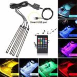 Interior Car LED Strip Light, Xiphoer Multi-Color RGB 4pcs 48 LEDs Underdash Foot Lighting Kit. Sound Active Function and Wireless Remote Control. DC 5V, Smart USB Port