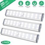 Under Cabinet Lighting, Closet Light 20 LEDs 3 Packs, Wireless Rechargeable Cabinet Lights, Magnetic Under Counter Lighting, LED Motion Sensor Night Light for Closet Cabinet Wardrobe Stairs (White)