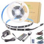 BIHRTC DC 12V LED Strip Lights SMD 5050 RGB 3.28Ft(1M) Waterproof IP65 Black PCB Board Lighting 30leds/m 44 Keys IR Remote Controller 1A UL Power Adapter for Xmas Party Bedroom Indoor Decoration