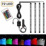 Car LED Strip Light, 4pcs 72 LED DC 12V 16 Color RGB Music Car Interior Light LED Under Dash Lighting Kit with Sound Active Function and Wireless Remote Control, Car Charger Included