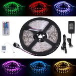 SUNWOW LED Light Strips 5050 SMD 16.4ft 5M 300leds RGB Color Changing Flexible Rope Lights with 44Key Remote +IR Control Box +12V 5A Power Supply (Waterproof)