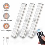 Litake Rechargeable Under Cabinet Lights, 20 LED Remote Control LED Closet Lights,Wireless Dimmable Kitchen Cabinet Lighting with Magnetic Strips for Kitchen Wardrobe Garage(2 Pack)