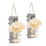 Chen Mason Jar Sconces LED – Fairy Lights,Vintage Wrought Iron Hooks, Silk Hydrangea Flower LED Strip Lights Design Home Kitchen Decoration Set of 2