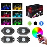 Teochew-LED RGB Rock Light Kits with Bluetooth Controller Off Road 4 Pods LED Rock Lights Multicolor Underglow Neon Lights for Truck jeep ATV Car UTV RZR, 1 Year Warranty