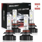 SEALIGHT 9005/HB3 High Beam 9006/HB4 Low Beam LED Headlight Bulbs Combo Package CSP Chips 14000LM 6000K Brightness Upgraded Ice White (4 Pack, 2 Sets)