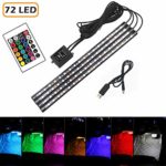 16 Color RGB Car LED Strip Light, 4pcs 72 LED Multicolor Music Car Interior Atmosphere Lights Under Dash Lighting Kit, with Sound Active Function, Wireless Remote Control and Smart USB Port
