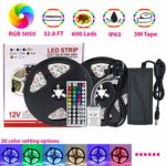 F.&.D 5050 RGB Led Strip Lights 600LEDs 32.8FT (10M) Waterproof Led Light with 44 Keys IR Remote Controll and 12V/10A Power adapter,Ideal for Home,hotels,bars,indoor,outdoor Parties’ Decorations