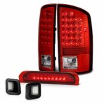 VIPMOTOZ Red Lens LED Tail Light + Third Brake Stop Lamp + Full-LED License Plate Lamp Assembly Replacement Bundle For 2003-2006 Dodge RAM 1500 2500 3500 Pickup Truck