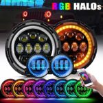 TURBOSII 7″ Inch 75W LED Headlights w/RGB Halo Ring + 4″ RGB Halo Fog Lights Led Combo Headlamp Assembly Bluetooth Controlled RGB Light Kits for 2007-2018 Jeep Wrangler JK JKU