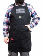 Light it up – Apron for Grill & Chef with Removable LED Light for Work or BBQ, Grey & Black U.S. Flag. 5 Pockets(1 Hoodie Style), Cross-Back Style,2 Towel Loops. 10 oz Cotton. For Men and Women