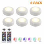 YLCVBUD 6 Pack RGB Under Cabinet Lighting LED Closet Lights Wireless LED Puck Lights 16 Colors 3 Modes with Remote Control Timer Function Battery Powered Dimmable(only White)