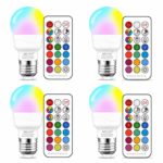 E26 Timer LED Color Changing Light Bulb with Remote Control, RGBW (RGB + Warm White),20 Watt Equivalent, Memory – Sync – Dimmable, 3W Mood Light, MELP (e26 RGB Bulb+ 4 Packs)
