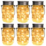 GIGALUMI Hanging Solar Mason Jar Lid Lights, 6 Pack 15 Led String Fairy Lights Solar Laterns Table Lights, 6 Hangers and Jars Included. Great Outdoor Lawn Décor for Patio Garden, Yard and Lawn.