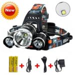 Brightest and Best LED Headlamp 10000 Lumen flashlight – IMPROVED LED, Rechargeable 18650 headlight flashlights, Waterproof Hard Hat Light, Bright Head Lights, Running or Camping headlamps … (Silver)