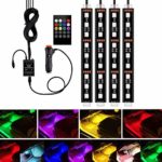 HOCOLO Car LED Strip Light, 4pcs 36 LED DC 12V Multicolor Music Car Interior Light LED Under Dash Lighting Kit with Sound Active Function and Wireless Remote Control, Car Charger Included (36 LEDs)