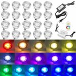 QACA 20pcs Low Voltage LED Deck Lights Kits Multi-Color RGB Stainless Steel Waterproof Outdoor Yard Garden Recessed Wood Decoration Lamps Landscape Pathway Patio Step Stairs LED In-ground Lighting