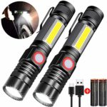 Rechargeable Flashlight, Spriak Magnetic Flashlights with Clip (Included Battery), Side Work Light, Bright, Zoomable Pocket EDC Flashlight for Camping, Hiking, Home Power Outage, 2 Pack