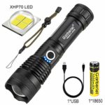 LED XHP70 Flashlight with Battery 5000 High Lumens Super Bright Waterproof Rechargeable Zoomable Torch Light for Camping, Hiking, Outdoor Activities