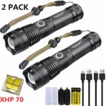 2 Pack LED Rechargeable XHP70 Flashlight 5 Modes 5000 High Lumens Super Bright Waterproof Tactical Zoomable Handheld Torch Light with Battery for Camping Outdoor Emergency