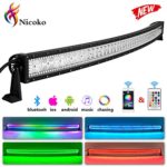 Nicoko 50 Inch 288w Curved LED Light Bar with Chasing RGB halo ring for 10 Solid Color Changing with Strobe Flashing Spot Flood Combo Beam IP67 waterproof Remote Control Wiring Harness Kit