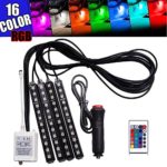 Car LED Strip Light, SIZZLEAUTO 4pcs 36 LED Multicolor Car Interior Lights Under Dash Lighting Waterproof Kit with Wireless Remote Control, Car Charger Included, DC 12V