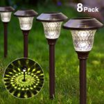 Solar Lights Bright Pathway Outdoor Garden Stake Glass Stainless Steel Waterproof Auto On/off White Wireless Sun Powered Landscape Lighting for Yard Patio Walkway In-Ground Spike Bronze Brown 8 Pack