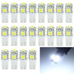 EverBright 20-Pack White T10 194 168 2825 W5W 5050 5 SMD LED Bulb For Car Replacement Interior Lights Clearance Wedge Dome Trunk Dashboard Bulb License Plate Light Lamp DC 12V