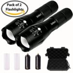 Pack of 2 GenMax Super Bright High Lumens T6 Tactical LED Flashlight, 5 Light Modes Max Med Low Strobe SOS, Adjustable & Zoomable, Outdoor Water-Resistant Torch, For Camping Boating Fishing Hunting