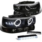 Black Silverado SMD Halo Projector Headlight+Smoke Bumper+LED DRL Fog Lamp
