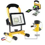 Rechargeable Work Lights with Magnetic Base – 15W 24LED Waterproof Outdoor Camping Lights, Built-in Lithium Batteries, 2 USB Ports to Charge Mobile Devices, Emergency Flashing Modes (Yellow)