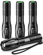 Pack of 4 Tactical Flashlights, BYBLIGHT 800 Lumen Ultra Bright XML-T6 LED Flashlight with 5 Modes, Zoomable, Waterproof, Handheld Small Flashlight for Outdoor Camping, Fishing and Hunting (Black)