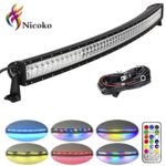 Nicoko 52 Inch 300w Curved Led Light Bar with Chasing RGB halo ring for 10 Solid Color Changing with Strobe Flashing Modes Spot Flood Combo Beam IP67 waterproof Free wiring harness for Off road Truck