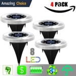 Solar Ground Lights,Outdoor Garden Pathway Landscape Driveway Lawn Walkway Disk Lights Underground Lighting Bright Waterproof Flood Light Solar Powered In-Ground 8 LED Lights (White, 4 PACK)